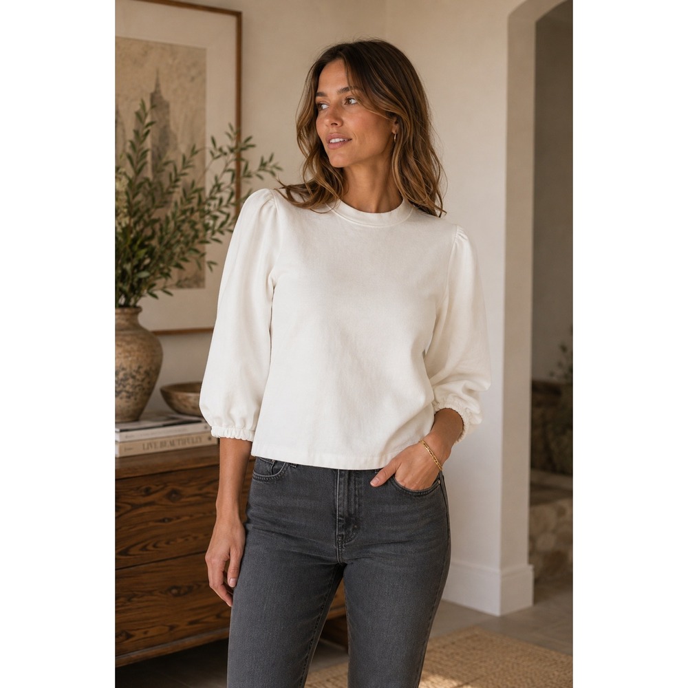 Etica‎ Sweatshirt Womens Medium White Puff Sleeve Sustainable Minimalist EW91304